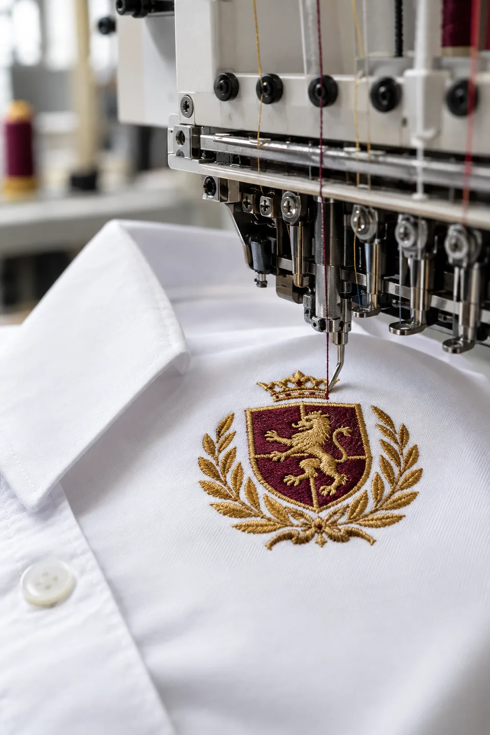Embroidery machine stitching a crest onto a white uniform shirt